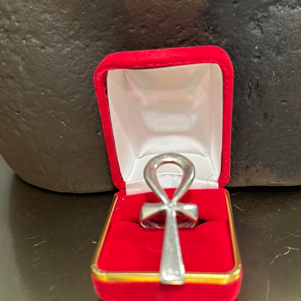 Silver Ankh Pendant Ring size 9